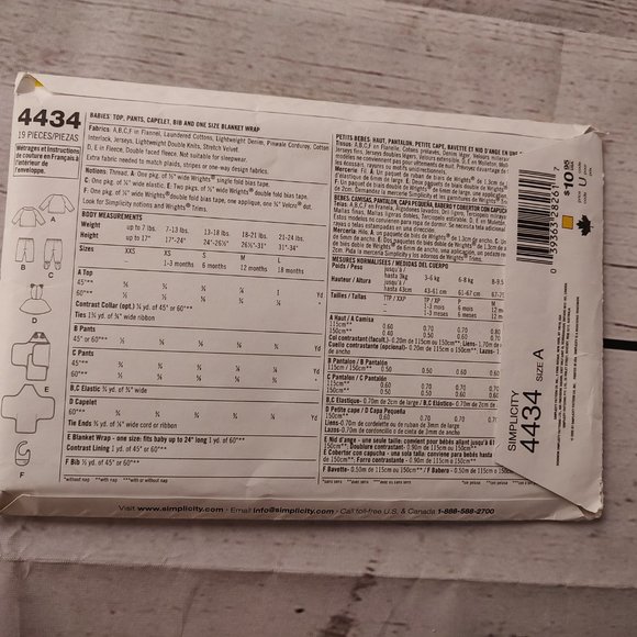 4434 Simplicity Baby Top Pants Hat Bib Blanket Wrap Sewing Pattern - Picture 2 of 2